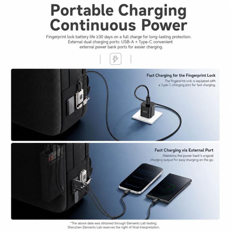 Black backpack with external charging port and connected USB cables