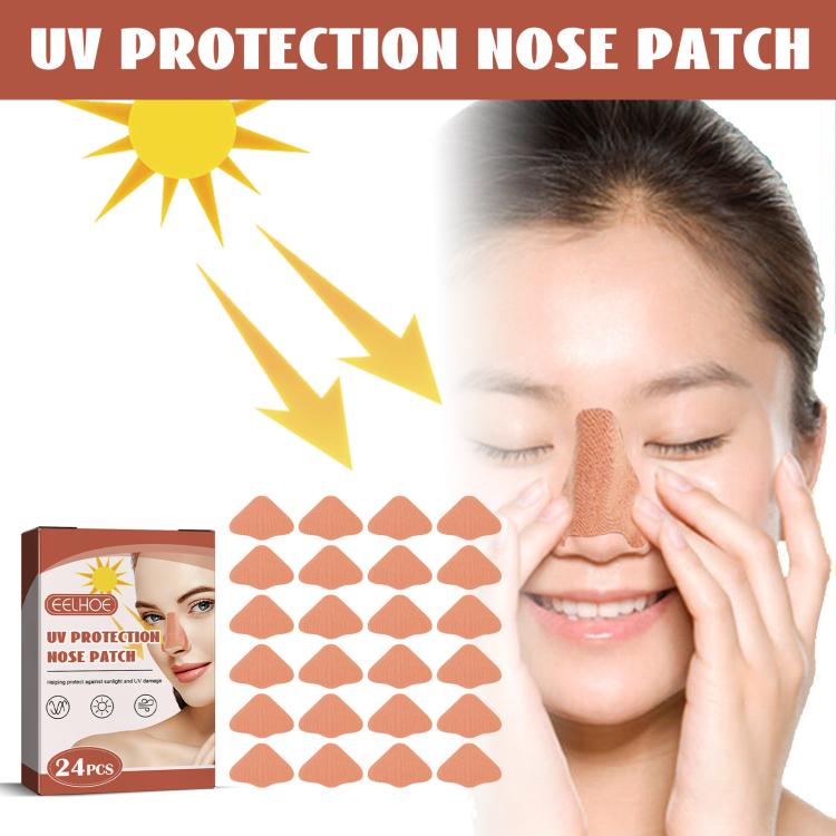 Peach UV nose patch pieces and product box beside smiling woman