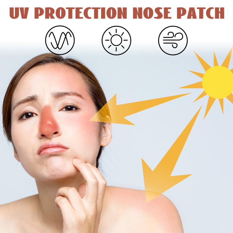 Peach UV nose patch shown with sun icon and woman’s face