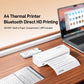 White A4 thermal printer printing a document beside a smartphone and laptop.
