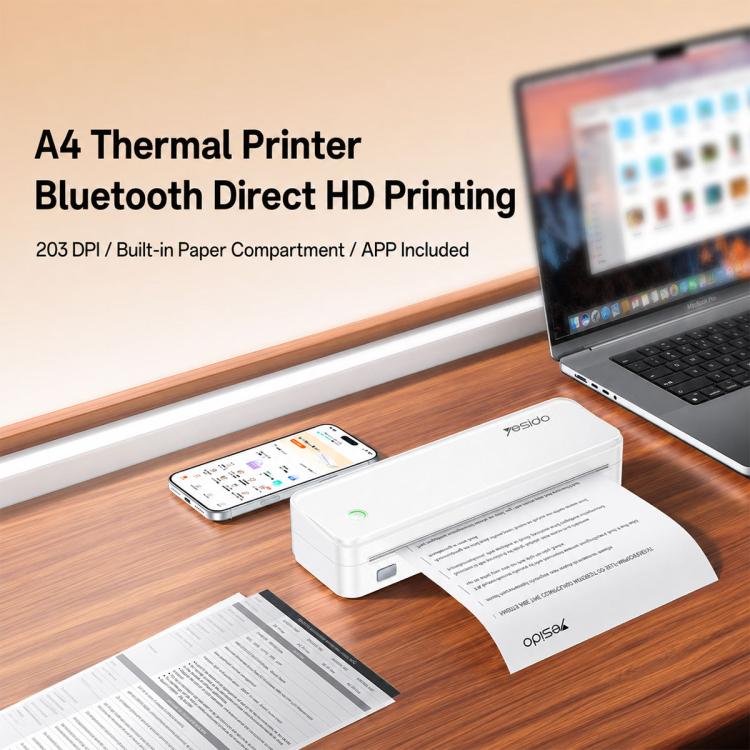 White A4 thermal printer printing a document beside a smartphone and laptop.