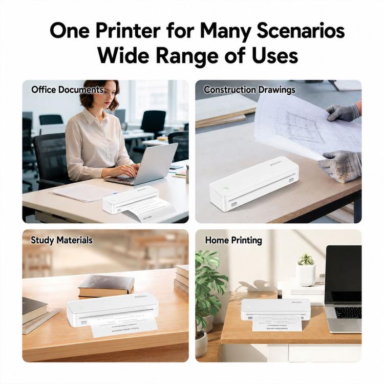 White A4 thermal printer shown in a multi-use scenarios layout panel
