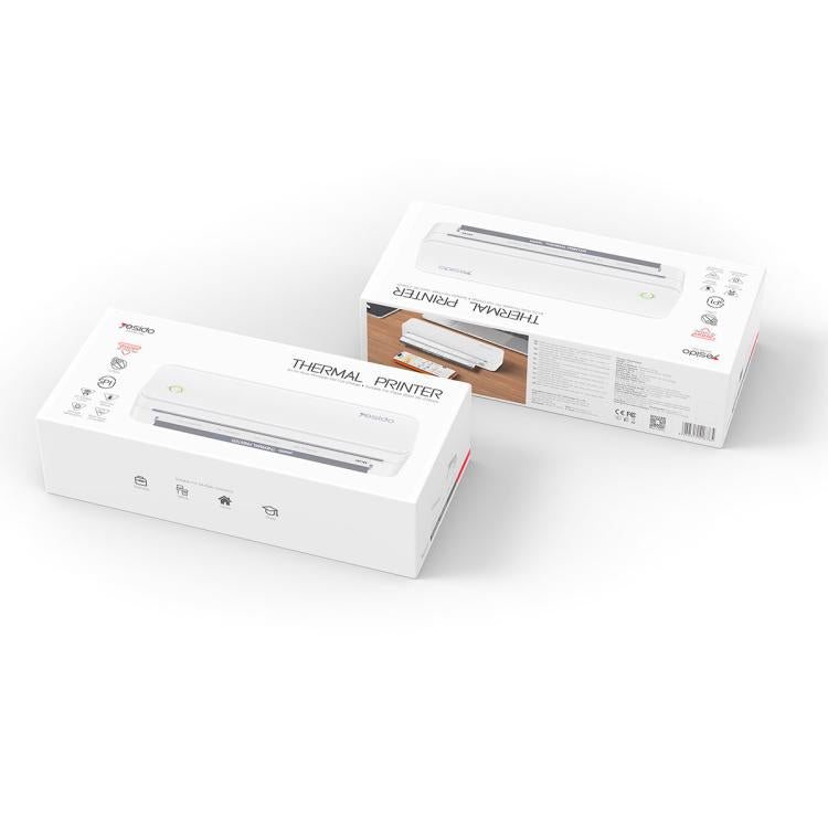 Two white A4 thermal printer retail boxes with product labels and icons