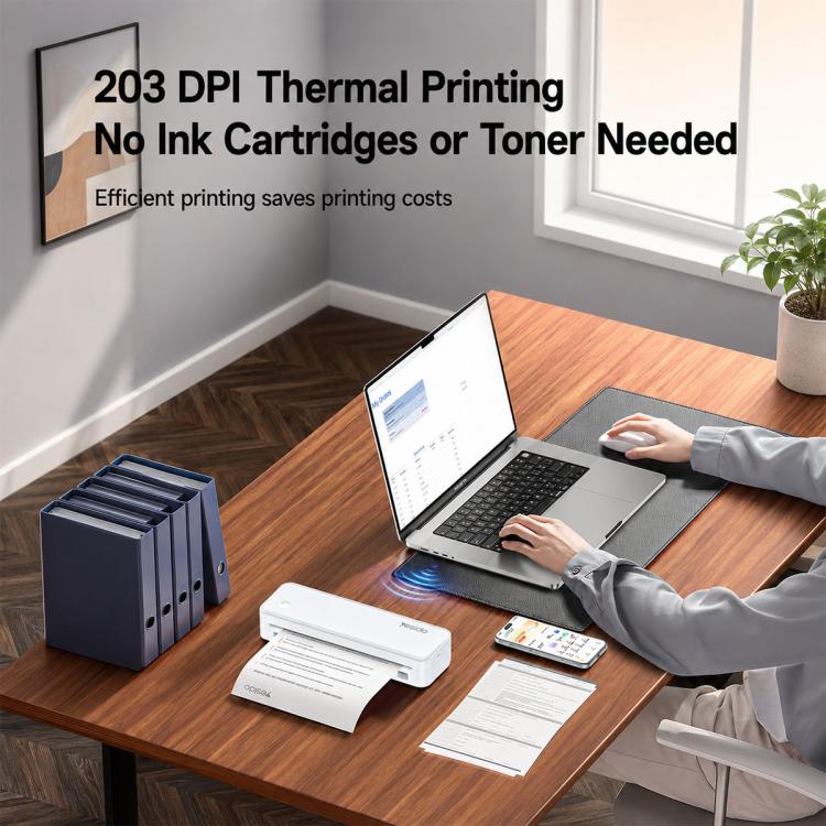 White A4 thermal printer on a desk with printed pages and a nearby phone.