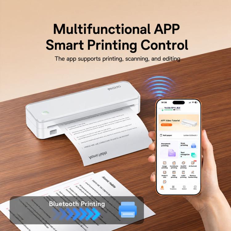 White thermal printer with paper output and an app on a smartphone display.