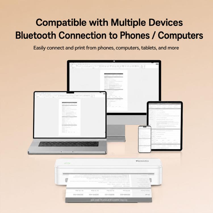 White thermal printer centered between devices showing Bluetooth printing.