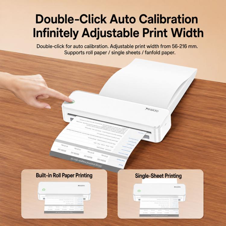 White thermal printer with lid open, showing adjustable paper path and printed sheet.