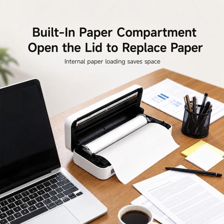 White A4 thermal printer with open lid and rolled paper compartment visible.