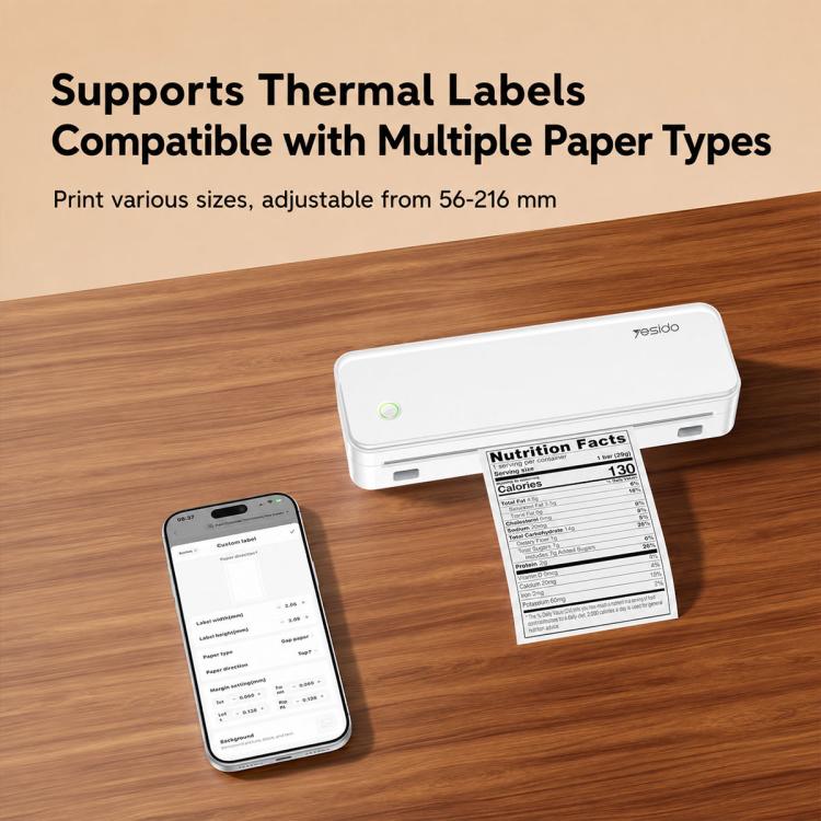 White thermal printer printing a nutrition label page in a paper tray.