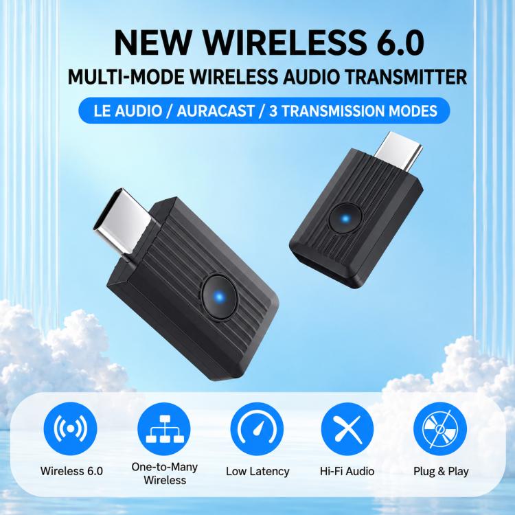 Two black wireless Bluetooth audio transmit/receiver adapters with blue indicator light