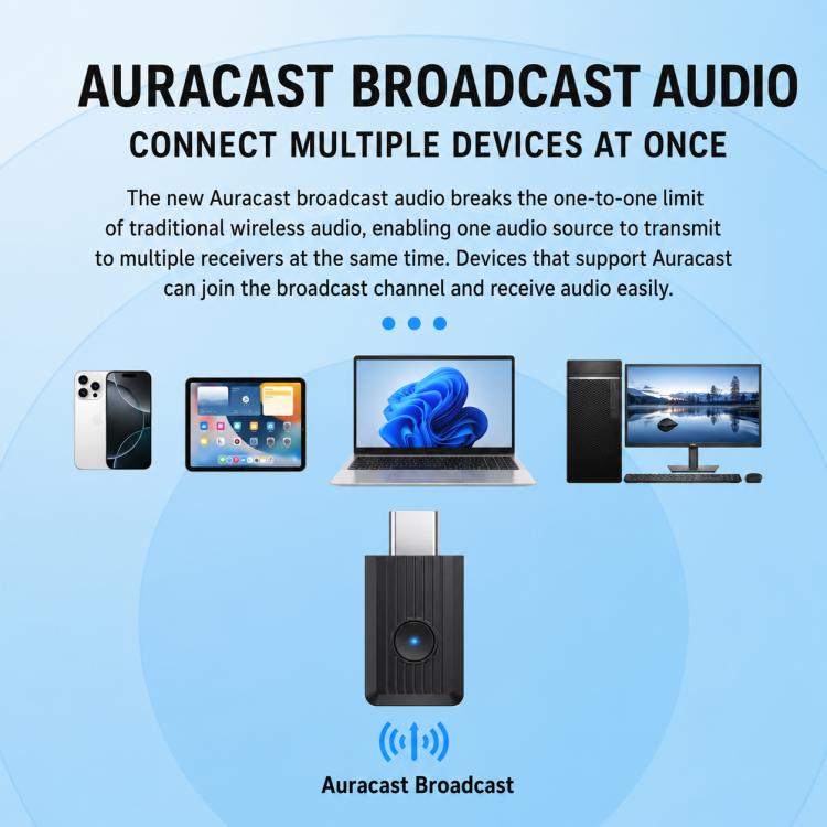 Black wireless Bluetooth audio transmitter adapter with blue status light