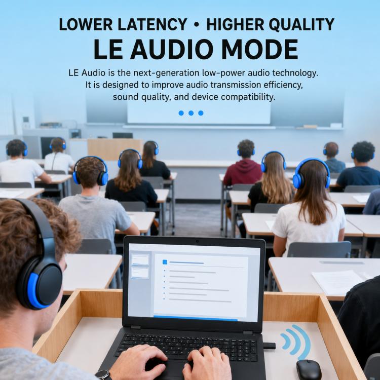 Wireless Bluetooth audio transmitter adapter used with headphones in a classroom setting