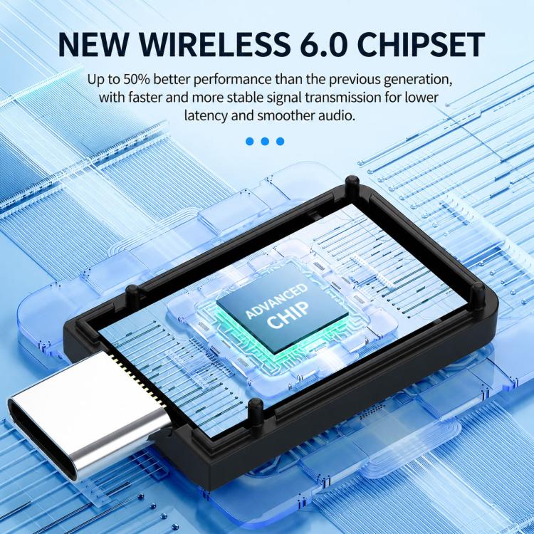 Black wireless audio transmitter with visible Type-C connector and blue indicator