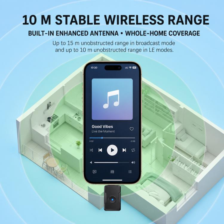 Black wireless Bluetooth receiver/transmitter adapter with blue light for range coverage