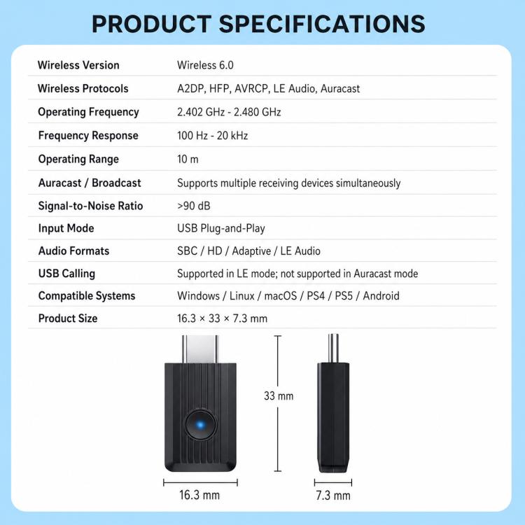 Black wireless Bluetooth audio adapter with blue light; front and side size view