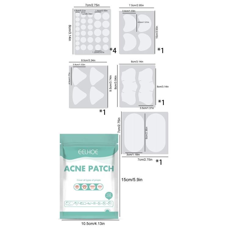 Breathable hydrocolloid acne patch sizes diagram with different cutout shapes