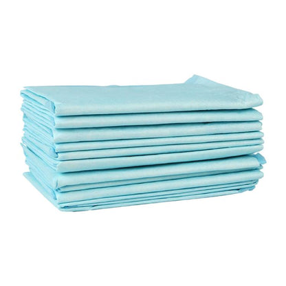 Light blue pet urine absorbent pads, folded stack for absorbency and odor control.