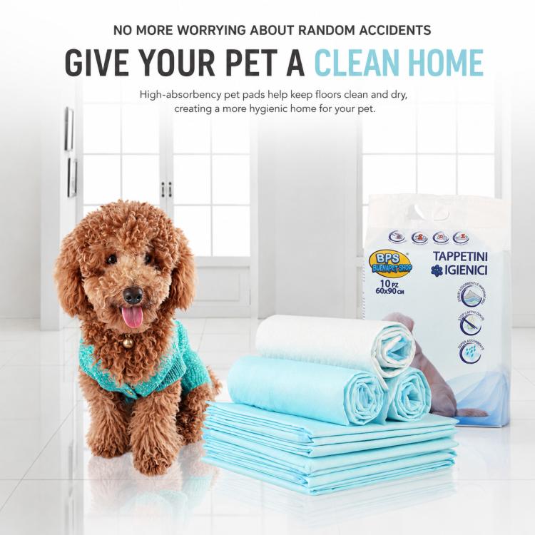 Light blue pet urine pads stack with dog on floor, deodorizing absorbent training pads.