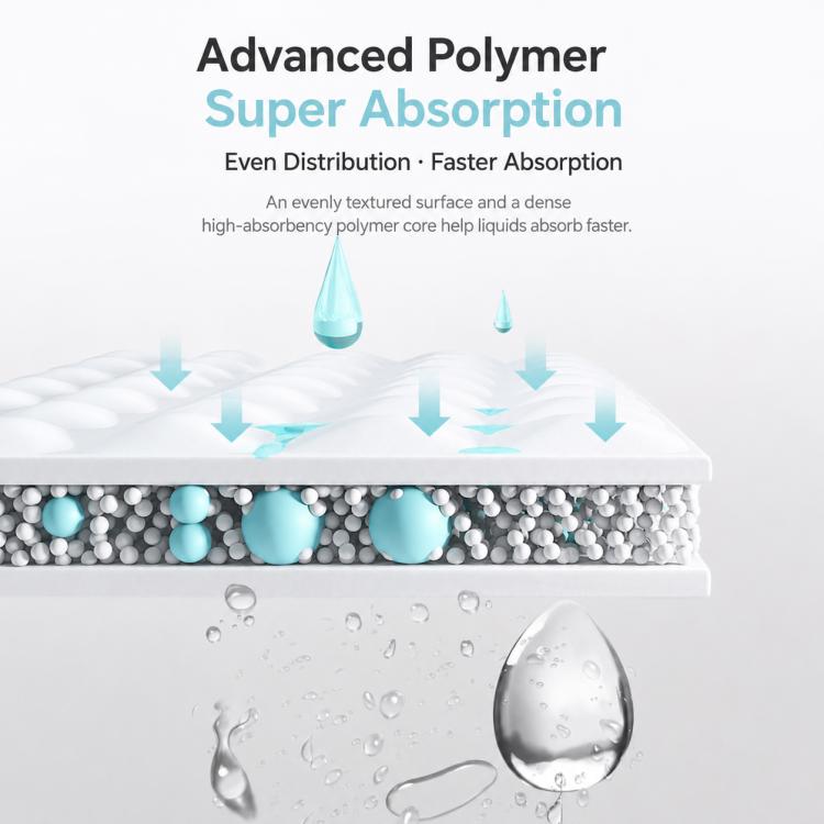 Cross-section of absorbent polymer core pad with water droplets, even distribution.
