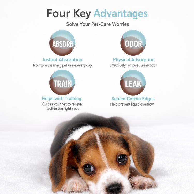 Pet urine pad benefits graphic with absorb, odor control, train, and sealed edge features.