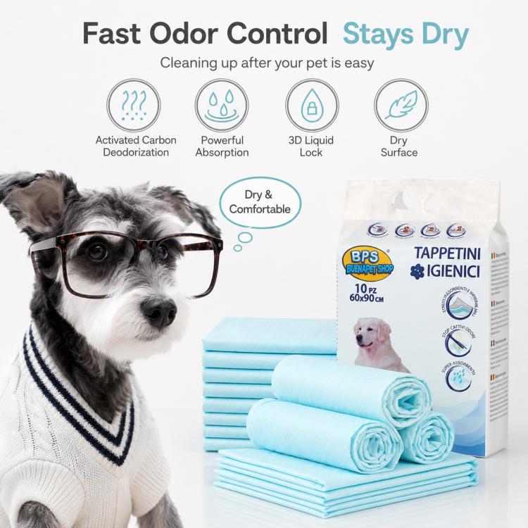 Pet urine pads with dry-and odor control graphic; light blue folded pads and package.