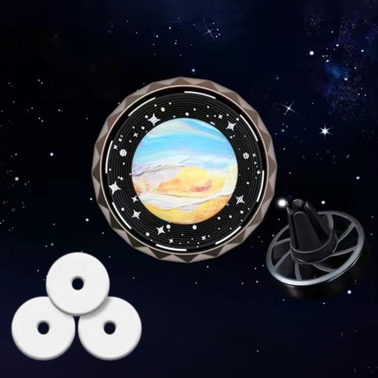 Car air vent air freshener ornament, round light blue and tan galaxy print with black star border