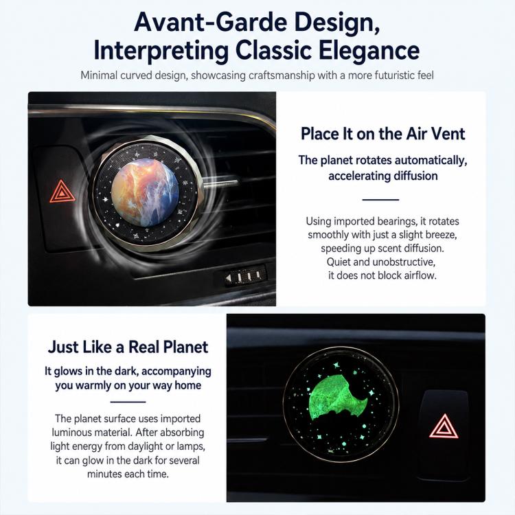 Car air vent planet fragrance ornament with glowing earth-like globe in vent