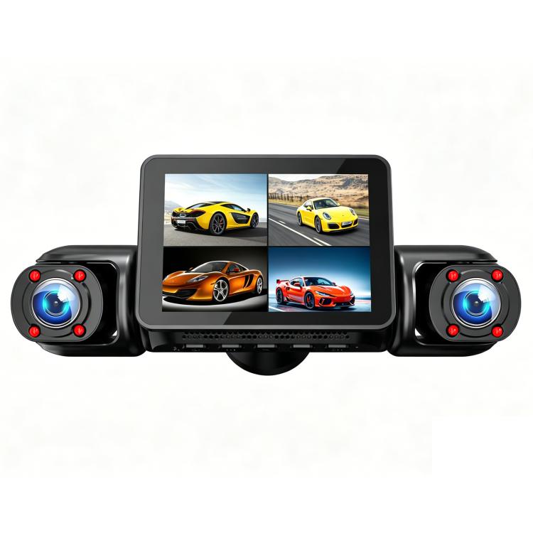 Three-camera dash cam system with front screen and two side cameras