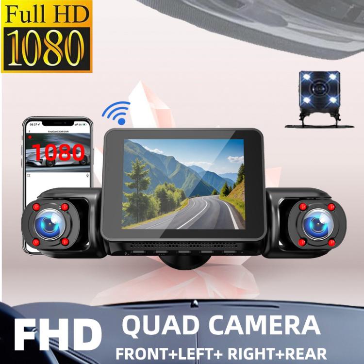 Quad-camera dash cam kit with front screen and two exterior camera housings