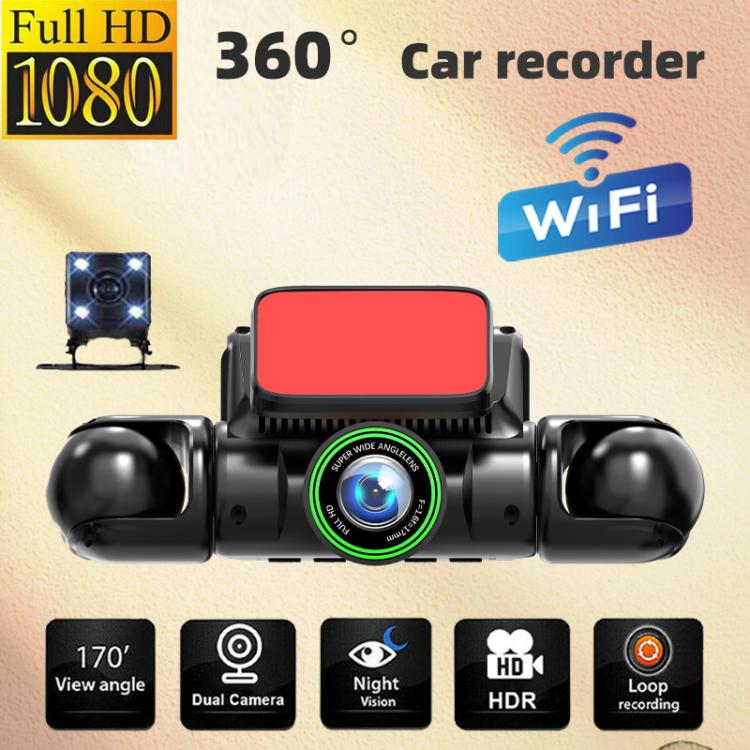 Front dash cam unit with large lens and two dual-lens side camera modules