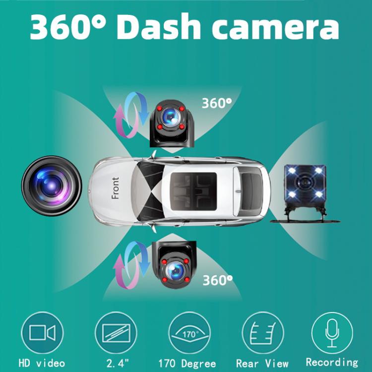 360 dash camera system with front and rear camera modules and coverage arrows