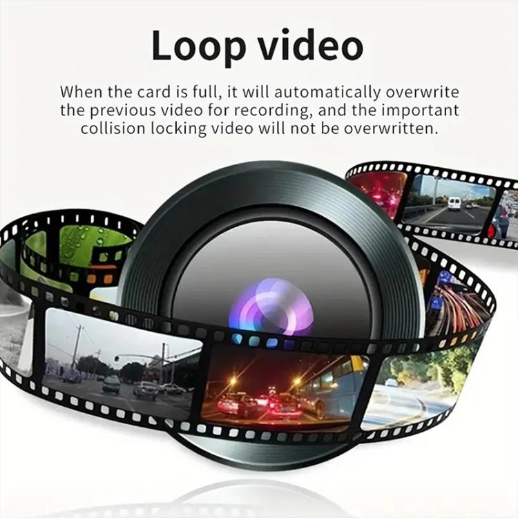Dash cam lens with loop-recording film strip illustration around it