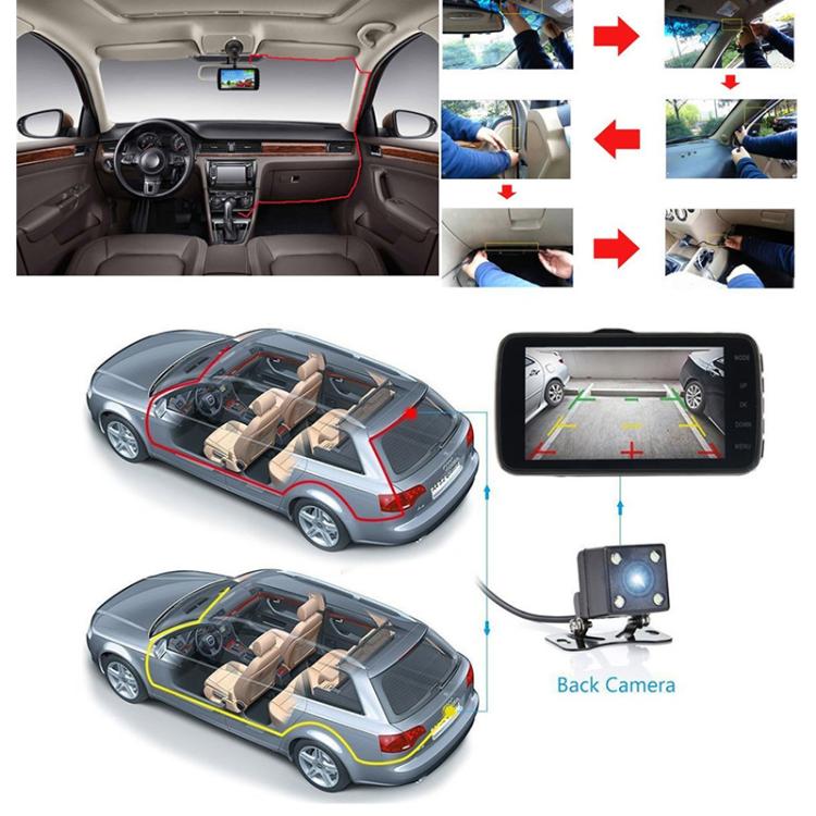 Car dash cam with in-cabin monitor, wiring, and included back camera