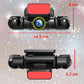 Black car dash cam with central lens and side lenses, rectangular display