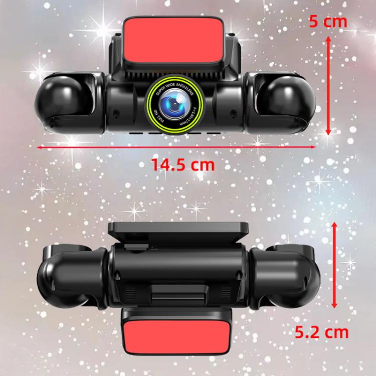 Black car dash cam with central lens and side lenses, rectangular display