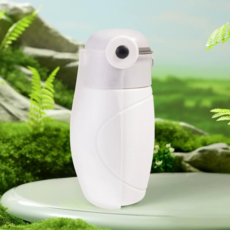 Portable foldable pet water bottle with leakproof flip spout, white.