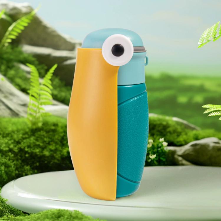 Portable foldable pet water bottle with leakproof flip spout, blue and yellow.