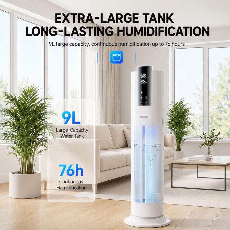 White ultrasonic humidifier with 9L water tank and tall cylindrical reservoir.