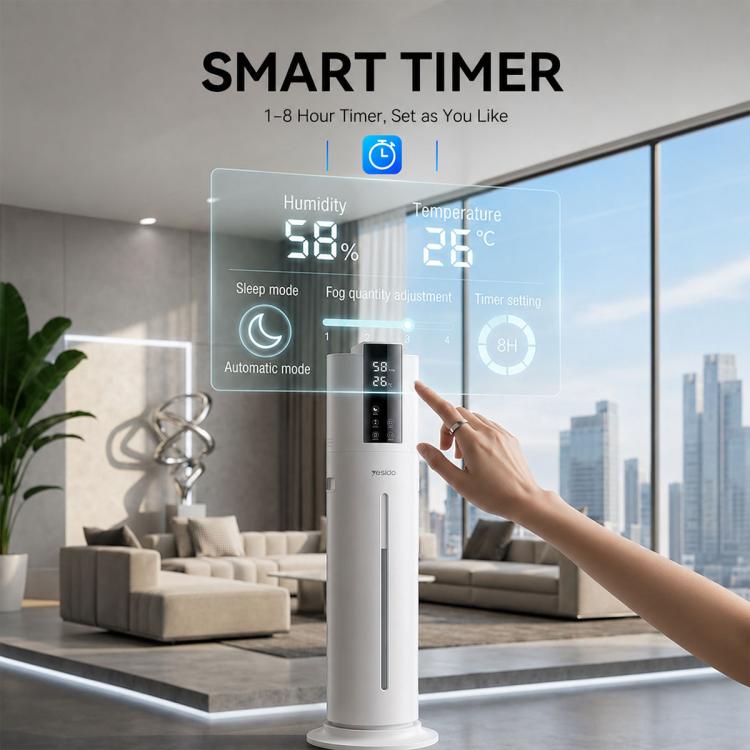 White ultrasonic humidifier with touchscreen-style display and timer controls.