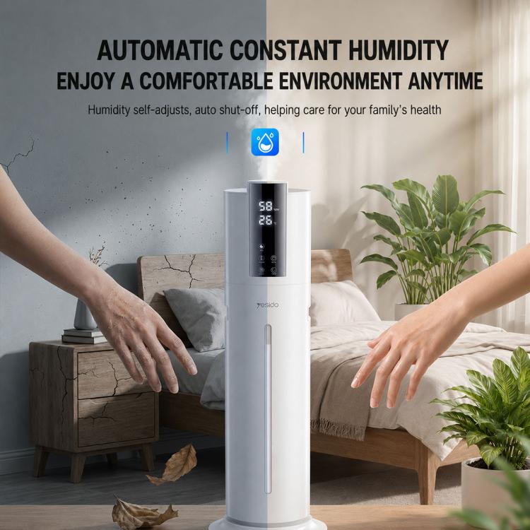 White ultrasonic humidifier with digital display for automatic constant humidity.