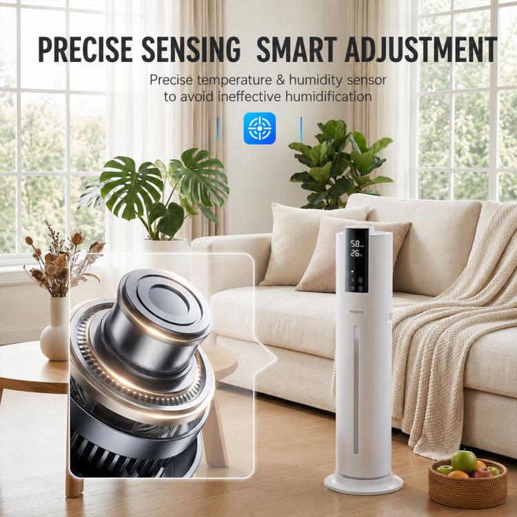 White ultrasonic humidifier with precise sensor area and top display window.