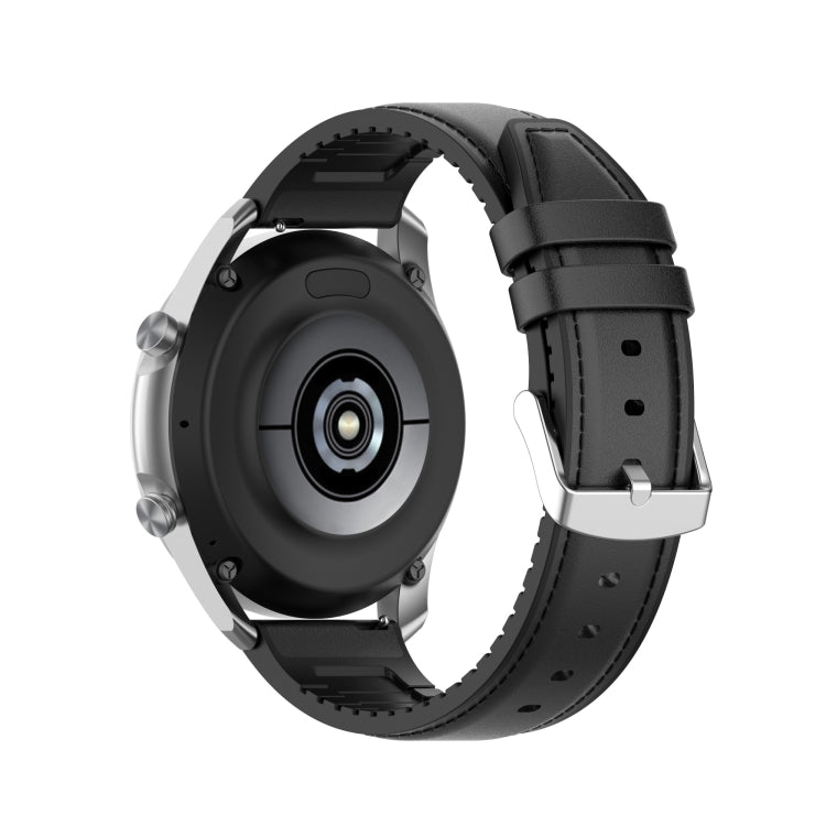 Black 20mm watch strap with metal buckle and textured perforations, side view