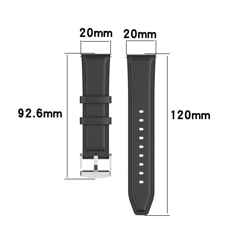 Black 20mm watch strap dimensions graphic, 92.6 mm and 120 mm lengths