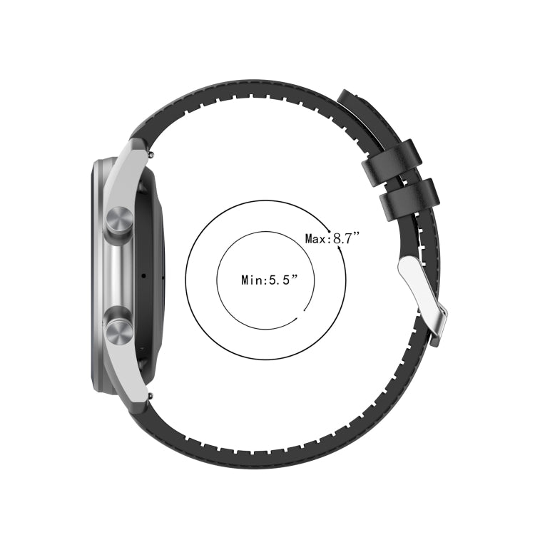 Black 20mm watch strap with adjustable fit range, side profile view