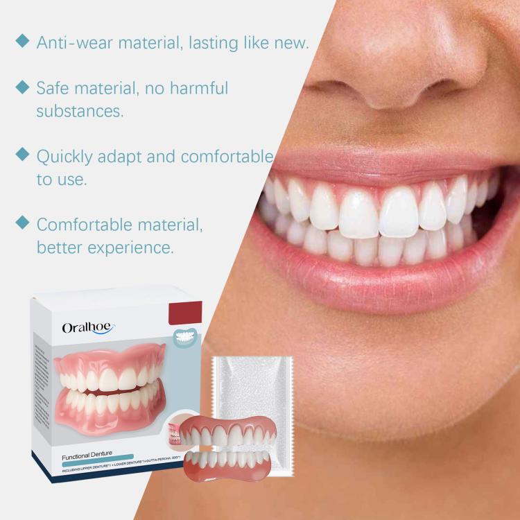 Denture fitting kit with box, removable dentures, and application pad