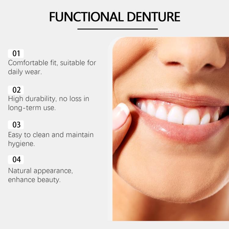 Functional denture set in a side-mouth smile with visible upper teeth