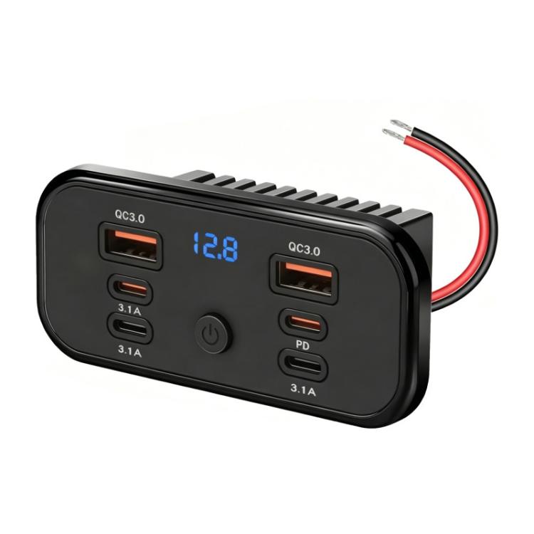 Black 6-port USB-C car charger with voltmeter display and multiple USB power ports