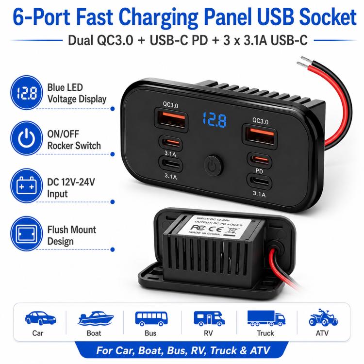 Black 6-port car USB charger with blue LED voltmeter and on/off rocker switch