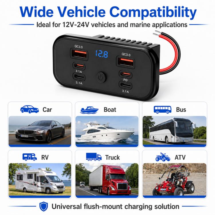 Black flush-mount USB car charger with blue voltmeter and 6 charging ports