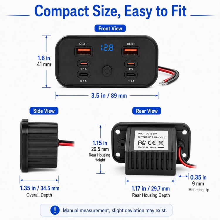 Black USB car charger with voltmeter window, six charging ports, and compact fit